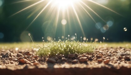 Close up of a small patch of green grass with sparkling dew drops on rocky ground illuminated by bright sun rays