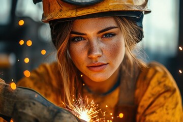 Close-up of a helmeted metalworker grinding with bright orange sparks flying, gloved hands holding a tool, intense focused energy in a dim industrial workshop