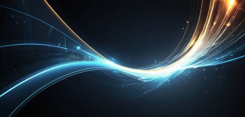 Dynamic abstract blue and golden light streams curving across a dark sparkling background with flowing energy