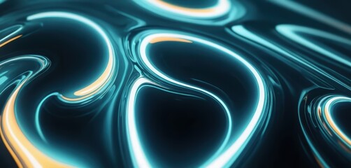 Abstract liquid surface with dynamic glowing blue and orange flowing lines on a dark background