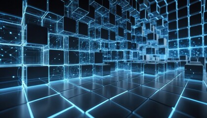 Futuristic abstract digital environment with glowing blue transparent and opaque cubes forming an interconnected network