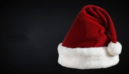 Classic red Santa Claus hat featuring a white fluffy brim and a matching pom pom set against a dark grey background