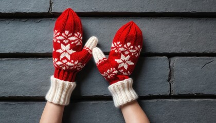 Hands wearing red knitted mittens with intricate white snowflake patterns and cream cuffs on a dark gray slate surface
