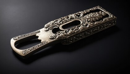 Ornate antique silver toned metal nutcracker tool with intricate scrollwork on a dark background