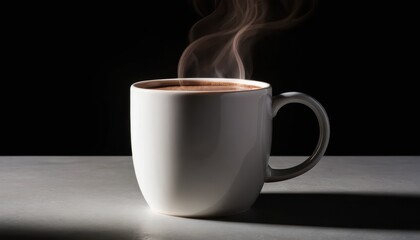 Steaming hot beverage in a white ceramic mug on a light surface against a dark background