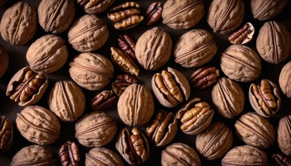 Assortment of whole and cracked walnuts with shelled pecans scattered on a dark surface showing rich textures