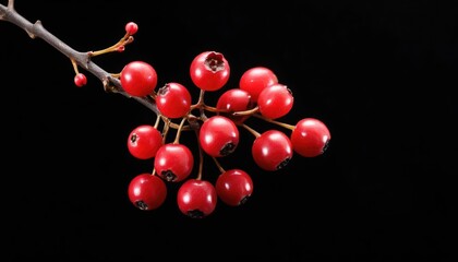 Bright red berries on a natural brown branch with small undeveloped buds depicted against a solid black backdrop