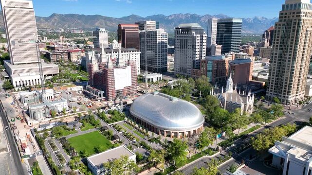Aerial Temple Square Salt Lake City Utah Modern Skyline Orbit