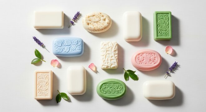 A variety of soaps with different colors and textures arranged on a white background.