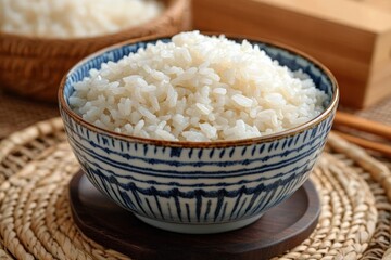 Glossy white steamed rice heaped in a blue patterned ceramic bowl on a wooden coaster and woven placemat, with chopsticks and a second bowl in warm homey light