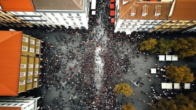 Overhead view of a massive crowd of people moving in public space