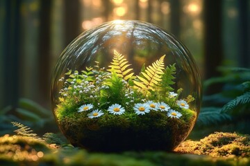 Glass sphere terrarium with daisies, ferns and moss on a forest floor bathed in warm golden sunlight, evoking serene, magical tranquility