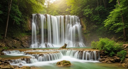 A majestic waterfall cascades down a lush green forest, surrounded by vibrant green foliage and a tranquil pool below.