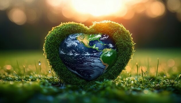 Heart-shaped moss cradle holding a globe on dewy grass at sunrise, conveying love and care for the planet - Powered by Adobe