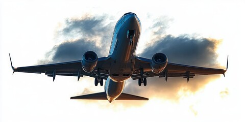 Low-angle dramatic view of a large passenger jet with landing gear extended flying through a golden sunset sky with dark clouds, evoking power and awe