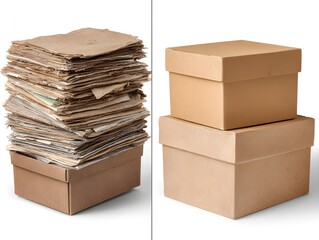 Recycling before and after concept box waste to new cardboard 