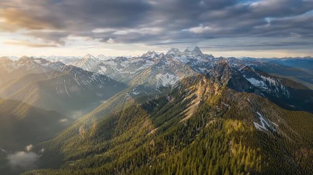 Stunning aerial views over majestic mountains and lush forest in crisp light video