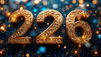 ornate gold filigree numerals 226 on a glittering dark blue bokeh background, sparkling and luminous with a luxurious festive mood
