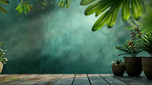 Wooden table with potted plants against textured green wall hanging foliage