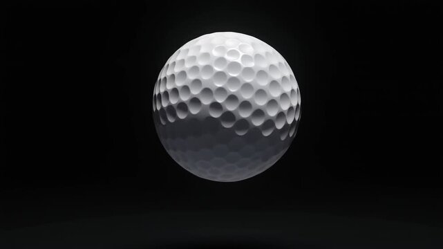 Macro close-up shot of a golf ball floating in mid-air against a black isolated background