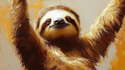 Obraz premium smiling sloth portrait with raised arms, textured golden brushstrokes and warm orange background conveying joyful serene contentment