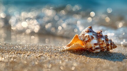 A beautiful seashell rests on sandy beach, with soft waves and shimmering bokeh in the background, capturing a tranquil seaside moment.
