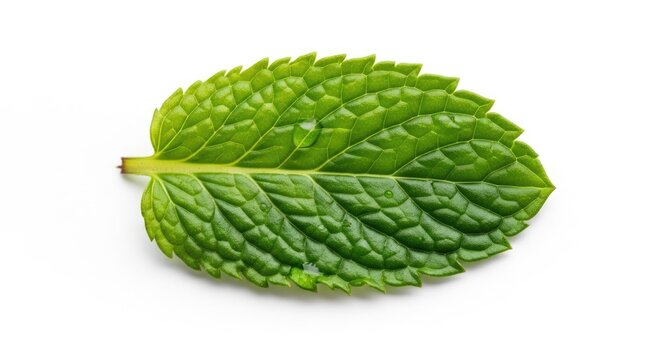 A single mint leaf with a water droplet on it, set against a white background.