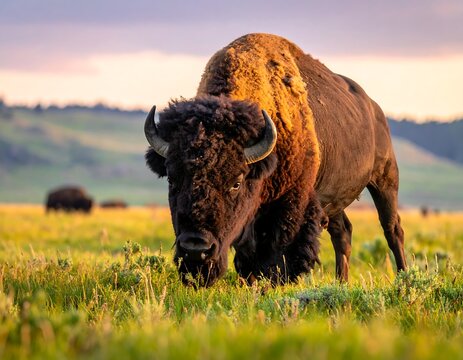 Large bison grazing in a grassy field at sunset