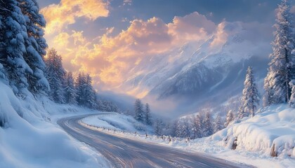 Winding icy mountain road through snow-covered evergreen trees toward misty alpine peaks under glowing golden clouds, a serene and majestic winter scene