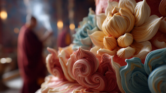Celebrating Losar (Tibetan New Year) in Ladakh Close-up of Festive Offerings and Monks in Background