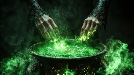 A witch is brewing a potion in a cauldron, with green smoke swirling around her hands and the pot, creating a mystical and magical atmosphere for halloween
