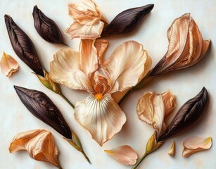 Delicate cream and amber iris blooms with dark dried buds and scattered petals arranged on a pale background, evoking calm, nostalgic elegance and fragile beauty