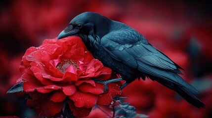 black crow perched on a deep red rose amid blurred red blooms, moody and mysterious close-up capturing glossy feathers and wet petals