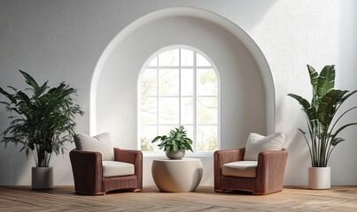 cozy minimalist seating nook with two woven armchairs, round table with potted plant, tall leafy plants and arched mullioned window bathed in soft natural light, calm and inviting