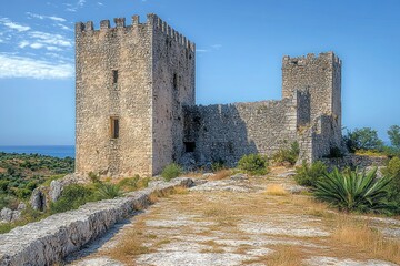 Ancient stone coastal fortress ruins with crenellated towers on a sunlit hilltop surrounded by dry grass, rocky path and scrub under a clear blue sky evoking solitude and timeless serenity