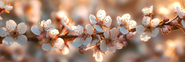 Delicate backlit cherry blossom branch with white and pale pink flowers and buds glowing in warm golden-hour light, evoking tranquil and romantic spring serenity