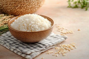 Heaped bowl of cooked white rice in a rustic ceramic bowl on a checkered napkin with scattered rice grains and rice stalks, warm cozy homely atmosphere