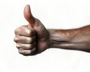 Close-up of an adult male hand and forearm with visible veins and hair giving a thumbs up gesture conveying approval and encouragement on a plain white background