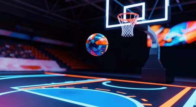 A basketball in mid-air over a basketball hoop in a dark, empty gymnasium with neon lights.