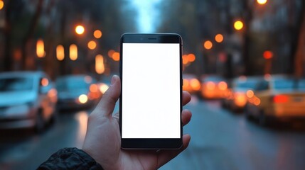 Hand holding smartphone with blank white screen on a blurred evening city street with bokeh car lights, evoking solitude and anticipation