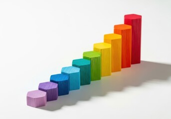 Colorful hexagonal blocks arranged in ascending bar chart isolated on white background