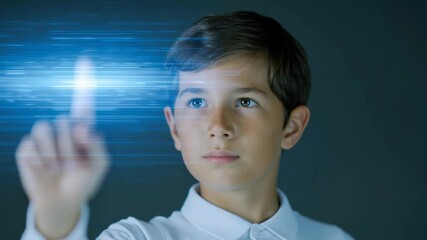 Futuristic technology touch interface boy digital screen gesture hologram innovation, young boy touches glowing hologram with wonder, future technology concept sparks curiosity and happiness - Powered by Adobe