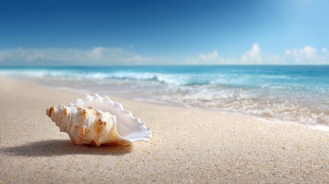 A conch shell rests on a sandy beach, with tranquil waves lapping at the shore under a bright blue sky.