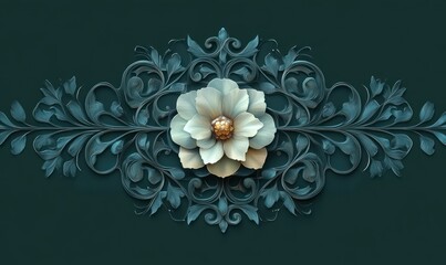ornate symmetrical teal floral ornament with central cream blossom, gold center and intricate scrolling leaves, elegant serene decorative relief
