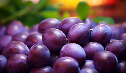 Purple Grapes: Close-up of a bunch of succulent, fresh purple grapes, the embodiment of a fresh, healthy treat. Capturing nature's sweetness and vibrant hue.