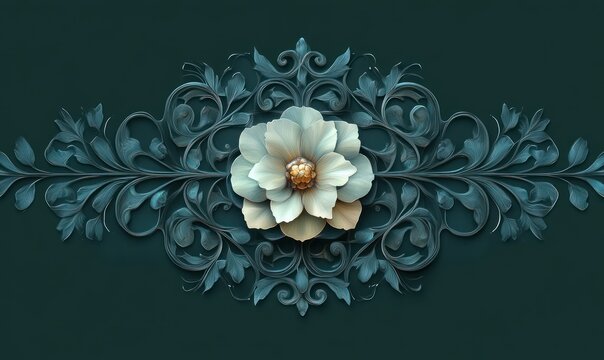 ornate symmetrical teal floral ornament with central cream blossom, gold center and intricate scrolling leaves, elegant serene decorative relief - Powered by Adobe