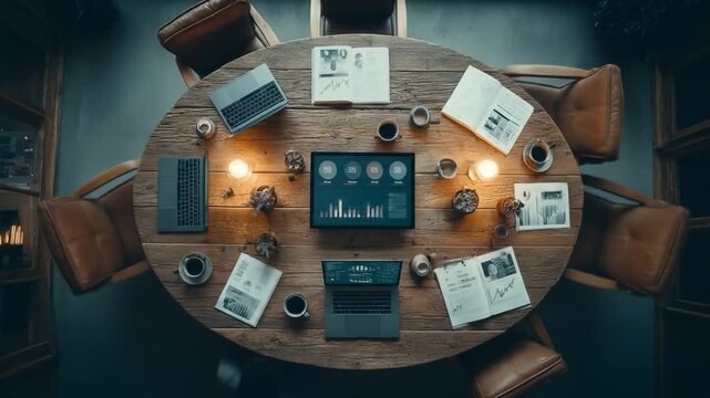 Overhead view of a wooden table with digital screens documents and drinks