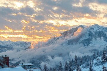 Snow-covered mountain village with evergreen pines, low mist and clouds, golden sunrise sky casting warm light over rugged peaks, serene and dramatic winter landscape