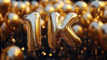 shiny gold foil balloons shaped as 1k surrounded by dozens of floating golden balloons and scattered confetti in a festive joyful celebration