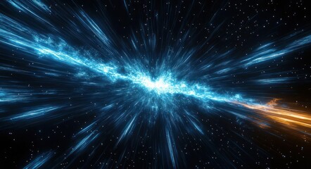 Dramatic blue energy burst with streaking light and orange flare across a star field, conveying explosive cosmic motion and intensity